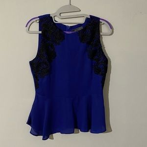 GRACIA Navy Peplum Top w/ Black Lace Detailing & Expose Back Slits / Size SMALL